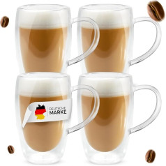 Latte Macchiato Glasses 450 ml - Set of 4 Double-Walled Glasses with Handle - Heat Resistant and Modern Design Coffee Cups - Tea Glasses, Cappuccino Cups (Latte Macchiato Glasses 450 ml (Set of 4))
