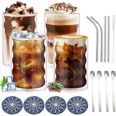Nuo desire Espresso Cups, Latte Macchiato Glasses, Double-Walled, 400 ml, Frappe Glasses Set, Coffee & Bubble Heat Insulation Glasses for Whiskey, Beer, Iced Coffee Glasses with Spoon, Coaster, Straws