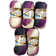 500 g Ilkadim Export Burcum Batik Wool, Multicoloured with Colour Gradient, 5 x 100 g Acrylic Knitting Wool, Colourful (Berry, Purple, Grey, White 1986)