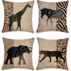 Bonhause Set of 4 Cushion Covers, African Animal Leopard, 50 x 50 cm, Double-Sided Giraffe Zebra Polyester Linen Decorative Cushion Covers for Sofa, Living Room, Home Decoration