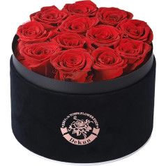 Dekun Rose Box Round Eternal Rose Box - 12 Preserved Roses Red in Box Durable 1-3 Years - Gifts for Mother Girlfriend Wife Grandma; Birthday Valentine's Day Eternal Flower (Black Box & Red Rose)