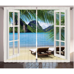 ABAKUHAUS Beach Rustic Curtain, Palm Trees and Sea Summer, Living Room Universal Tape Curtains with Loops and Hooks, 280 x 225 cm, White Green