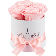 PARIS EN ROSE Rose Box with 4 Pink Infinity Roses Size XL Preserved Eternal Rose Round White Box with Bow 3 Years Shelf Life
