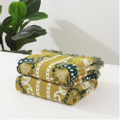 DUOMING 100% Cotton Blanket, Cuddly Blanket Throw with Fringes, Double-Sided Boho Bedspread, Decorative Blanket, Throw Blanket, Soft TV Couch Blanket, Sofa Blanket, Armchair Blanket, Yellow Green/Dark