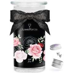JuwelKerze Rose Noir Earrings Silver - Jewellery Candle 80 Hours - Large Scented Candle with Fruity Fragrance - White Candle with Jewellery Surprise - Gifts for Women, Birthday