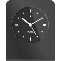 Punkt. AC02 Design Table Clock with Alarm Function, Analogue, Japanese Quartz Movement, Aluminium Case, Glass Frame, Design by Jasper Morrison, Made in Japan, Black & Light Blue