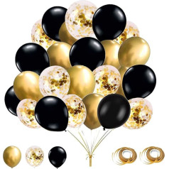 Pack of 62 Balloons, Metallic Gold Balloons, Gold Confetti Balloons, Black Latex Balloons, Helium Balloons for Party, Celebration, Decoration for Birthday and Birthday Decoration