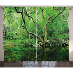 ABAKUHAUS Green Rustic Curtain, Nature Theme Jungle, Living Room Universal Tape Curtains with Loops and Hooks, 280 x 225 cm, Dark Brown