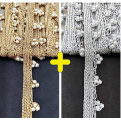 CRAFTCURE 3 Moti Handmade Pearl Border for Wedding Dresses Saris Lehengas Decoration Bags Embellishments Crafts 9M (Gold+Silver)