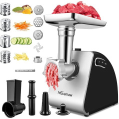 Nictemaw Electric Meat Mincer 2000 W, Sausage Machine, Stainless Steel 5 in 1, Meat Chopper with 3 Perforated Discs, 4 Cone Blades, Sausage Filler and Biscuit Attachment for Home