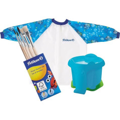 Pelikan painting apron with Velcro closure and carry bag for children of approx. 6-9 Years/ Combi Set (+ Elephant Cup & 5 Brushes, Blue)