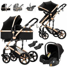 3-in-1 Combination Pushchair Standard Pram Travel Systems Buggy Newborn Portable Travel Pram Pushchair Foldable High Landscape Pushchair (588 Black Gold New)