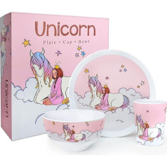 Kiz Designs Geshurr Set - Premium Melamine Children's Tableware in Gift Box - Unbreakable Children's Crockery Set with Cup, Bowl, Plate with Unicorn Motif - BPA Free and Dishwasher Safe