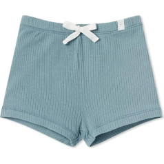 MORI Baby Ribbed Shorts for Boys and Girls in Ribbed Blue — Unisex Organic Cotton Elastic Waist Pants for Toddlers with Decorative Drawstring — 6-9 Months, Ribbed Blue