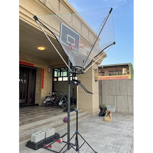 8-10ft High Basketball Rebounder Attachment Polyester Net 180° Rotating Rewind Slide and Floor Stand with Carry Bag