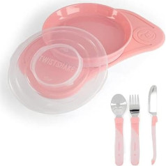 Twistshake Baby Crockery Set Mini + Cutlery, Baby Suction Plate + Baby Place Mat (31 x 17 cm) + Cutlery Made of Stainless Steel 12 m+, BPA-Free, Learning to Eat Plate, Pink