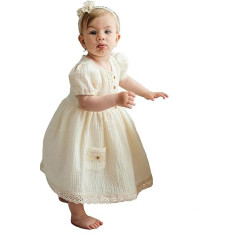 New Born Baby Girl Christening Christening Dress with Headband Soft Muslin 100% Cotton