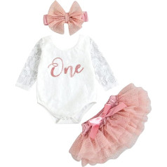 Yassiglia Baby Clothing Girls Birthday Baby Clothing Set Princess Dress Round Neck Floral Lace Romper with One Print Tutu Skirt Bows Headband Baby Birthday Gift