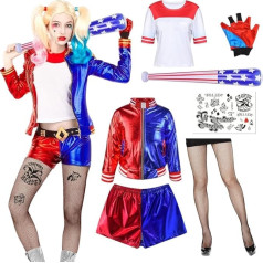 Senchinner Quinn Costume Women's Halloween Cosplay Costumes Kit with Baseball Bat Inflatable Temporary Tattoos, Gloves, Jacket, T-Shirt, Shorts, Fishnet Stockings