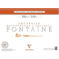 Clairefontaine 96351C Watercolor block Fontaine Satiné (100% rag, fine-grained, smooth, suitable for wet and dry techniques, acid-free, 300g, 30 x 40 cm, 12 sheets) white