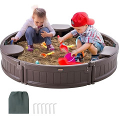 VEVOR Sandpit with Cover, Round Sandpit, HDPE Sand Pit with 3 Corner Seats & Floor Liner, Kids Sandpit for Garden, Beach, for Boys & Girls Aged 3-12 Years, Brown