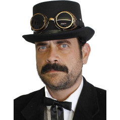 STEAMPUNK CYLINDER HAT WITH ACCESSORIES - BLACK CYLINDER WITH REMOVABLE COPPER COLOURED GLASSES AND A FIXED THIN CHAIN AND 6 FITTED SMALL GEARS (PACK OF 12)
