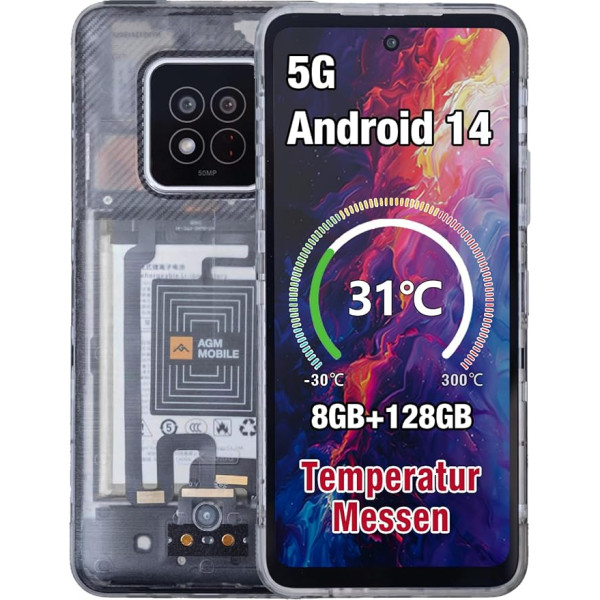 AGM 2024 X6 5G Outdoor Mobile Phone Without Contract with Temperature Sensor, 8GB + 128GB/512GB, 6.78 Inch FHD+ Display, Android 14 Robust Smartphone, 50MP + 16MP, Dual SIM/Face ID/5000mAh Battery,