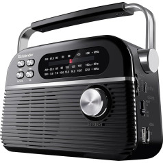 Defender® Vega Portable Retro Radio with Bluetooth, FM/AM/SW Radio Reception, Integrated Battery, Kitchen Radio, Telescopic Antenna, Speaker 5W, USB-C, Black