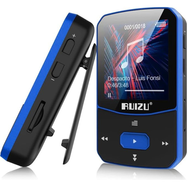 MP3 Player Bluetooth 5.0 Sports Music Player with Clip with 1.5 Inch TFT Colour Screen, 16 GB Supports up to 128 GB SD Card, with Independent Volume Button, FM Radio, Pedometer (Blue, 16 GB)