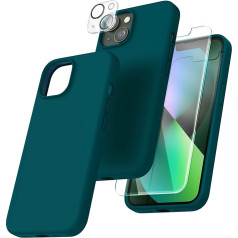 Tocol 5-in-1 iPhone 13 Case 6.1 Inch Liquid Silicone with Screen Protector, Scratch-Resistant, Shockproof Mobile Phone Case iPhone 13 with 2 Protective Films + 2 Pieces Camera Protection 360 Degree Protective Case - Grey Green