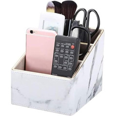 GORESE Remote Control Holder with 3 Pockets, PU Leather TV Remote Controls Space for DVD, Blu-Ray, Controller, TV, Slim & Compact for Storage (A White Marble)