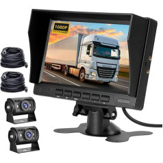 AHD 1080P Reversing Camera Set with 7 Inch IPS Display - Reversing Camera Monitor Supoport Image Flip Reverse Line with 2 IP69 Waterproof Night Vision Rear View Cameras + 15 m x 2 Extension Cable