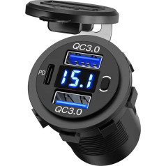 Car USB Mobile Phone Charger Dual Port QC3.0 Quick Charge Port and PD Port with LED Digital Voltmeter and On/Off Switch for Vehicles Boat Motorcycle SUV Bus Truck Caravan Marine