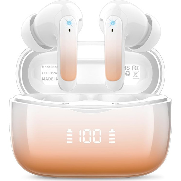 Bluetooth Headphones, Wireless Bluetooth 5.3 In-Ear Headphones with 4 ENC Noise Cancelling Mic, 56 Hours HiFi Stereo Deep Bass, IP7 Waterproof Earphones with LED Display, Touch Control, Orange