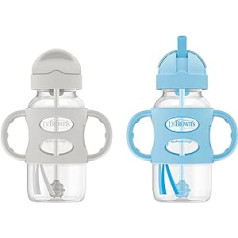 Dr. Brown's Milestones 270ml Wide Mouth Straw Bottle with 100% Silicone Handles, Grey and Blue, Pack of 2, 6 Months +