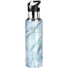 xigua Weiße blaue Marmor-Wasserflasche mit Strohhalm, 590 ml Sport-Wasserflasche, BPA-frei, Edelstahl-Wasserkrüge für Fitnessstudio, Arbeit, Outdoor (251)