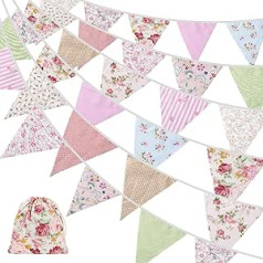 Fabric Bunting, 42 Pieces Outdoor Bunting, Floral Vintage Cotton Triangle Flag for Garden Birthday Party Outdoor Party Decoration (Pink)