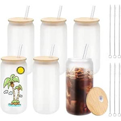 JMScape Sublimation Glass Blanks with Bamboo Lid, Set of 6, 16oz Frosted Glass Tumbler with Lid and Straws, Sublimation Beer Can Glass, Borosilicate Glasses, Beverages, Beer