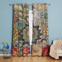 Michorinee Opaque Curtain, Floral, Leaf Pattern, Boho Vintage Blackout Curtain with Eyelets, Country House Style, Decorative Curtain, for Living Room, Window, Pack of 2, 210 x 132 cm (H x W)