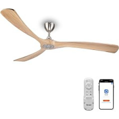 Ceiling Fan with Wooden Blades without Lighting, Includes Remote Control (6 Speeds), IP44 Waterproof, Energy-Saving, DC Motor, Super Quiet, Suitable for Summer and Winter, 183 cm, Natural & Silver
