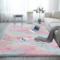 Aujelly Soft Area Rug, Shaggy Rug, Colourful and Fluffy Bedroom Rug, Batik Rug, Rainbow, 120 x 160 cm