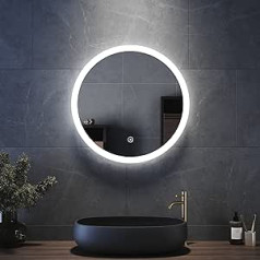 ELEGANT Bathroom Mirror with LED Lighting Round 600 x 600 mm Makeup Mirror with Sensor Touch Control, Dustproof and Anti-Fog, Cool White Light