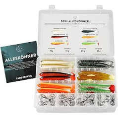 Zanderfang 40 piece box of rubber fish with jig heads for zander fishing with rubber fish, 24 rubber fish: 6 colours; 12.5 cm | 16 jig heads size 4/0: 10-25 g.