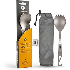 Titanium Spork (Spoon Fork) with Bottle Opener, Extra Strong, Ultralight, Healthy & Environmentally Friendly Spoon, Fork & Bottle Opener for Travel/Camping in Easy to Store Fabric Bag (1 Unit)