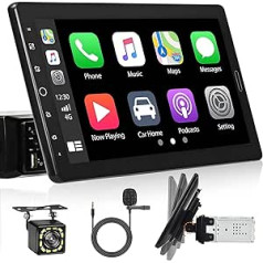 Hikity 10.1 Inch 1 DIN Car Radio with Apple Carplay Android Car Bluetooth Hands-Free Kit Removable Screen Touch Display Car Radio with Mirror Link FM USB SD AUX + Reversing Camera