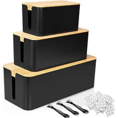 SENENQU Set of 3 Cable Box, Black, Large Cable Organiser Box with Wooden Lid for Cables, Large and Small Cable Management Box Adapter, Power Strips, Cable Hide Box