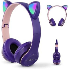 kieyeeno Children's Headphones, Bluetooth 5.0 Over-Ear Cat Ears Headphones with LED Light, SD Card Slot and 3.5 mm Hole for Audio Cable, Foldable Gaming Headset Cat Ears for School Travel (Purple)