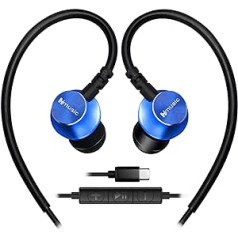 Hmusic Sports Earphones with Microphone Wired, USB Type C Metal Shell Earplugs In-Ear Headphones with Over Ear Hook Earphones for Sports, Running, Training, Exercise, Gym (Blue)