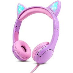 Kangxinsheng Children's Headphones, Headphones with Cable, LED Light, Foldable HD Stereo Headphones, Over Ear with Microphone for Mobile Phone, Tablet, PC (Purple)