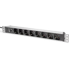 DIGITUS 1UH Aluminium PDU, 8-Way Italian Output, 10A St, 250VAC 50/60Hz, IEC Plug C14